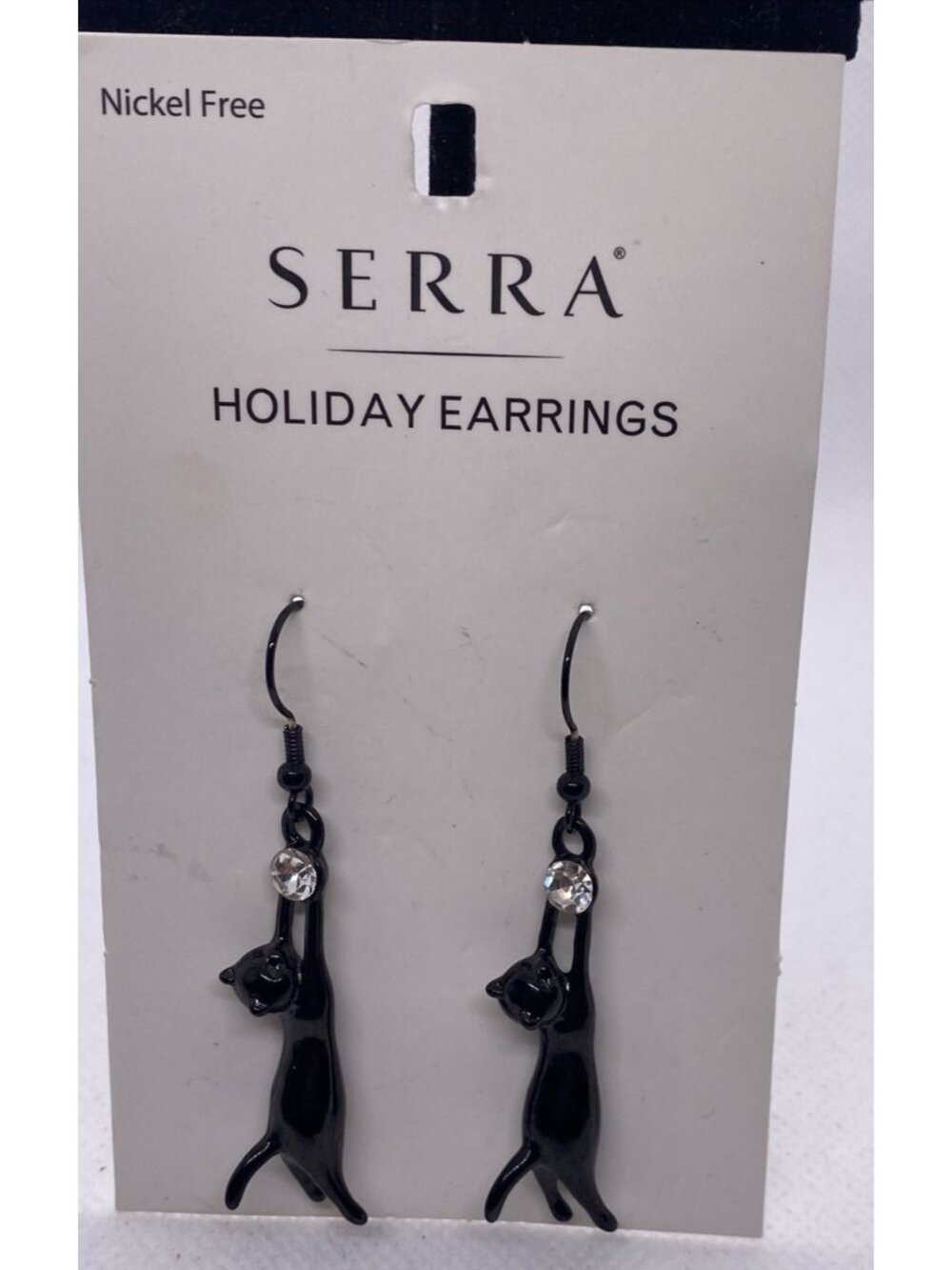 Serra Dangling Black Cat Hook Earrings Rhinestone Accent New On Carg Whimsical